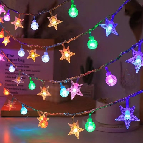 LED String Lights PVC Star Moon Ball Shapes Solar Powered Waterproof Christmas Holiday Decor Warm White Multicolor Glow