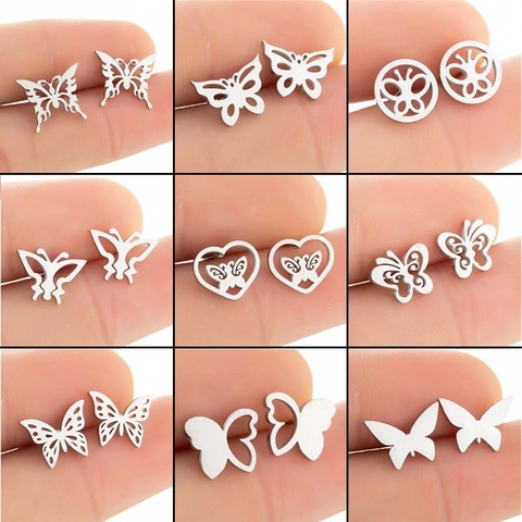 Butterfly Stud Earrings Stainless Steel Hollow Minimalist Jewelry For Women Girls Simple Elegant Animal Theme