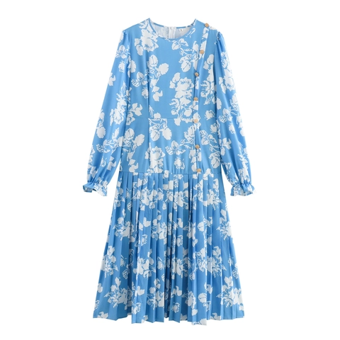 Elegante Midi-Jurk Met Bloemenprint Lange Mouwen Polyester Hoge Taille Geplooide Zoom Asymmetrische Knoop Ronde Hals