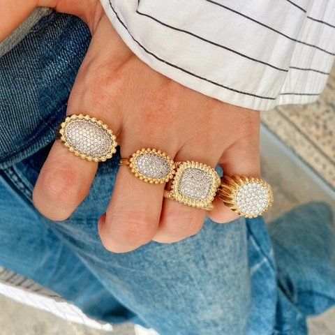 Anello Aperto Geometrico Rame Placcato Oro Zirconia Francese Retrò Regolabile Gioielli Di Moda Donna Accessorio Elegante