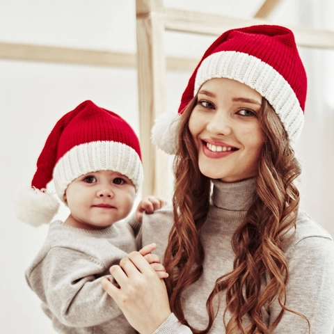 Berretto Di Natale In Maglia Caldo Inverno Genitore Figlio Rosso Bianco Uncinetto Pompon Costume Festa Per Adulto Neonato