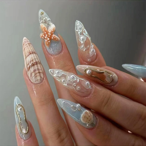 Ocean Theme 3D Starfish Shell Artificial Pearl Press On Nails Handmade Stiletto Long Beach Style Sparkly Fake Nails For Women