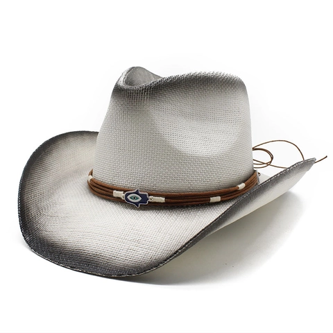 Westerse Cowboyhoed Stro Geweven Ademend Zonbescherming Strandhoed Vintage Etnisch Hamsa Boze Oog Bedeltje