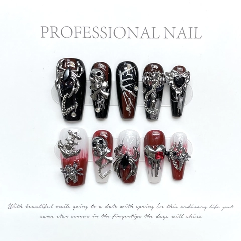 Handgefertigte Harz Press-On-Nägel Gothic Punk Stil Mit 3D Legierung Totenkopf Spinne Herz Charms Lange Sargform Rot Schwarz