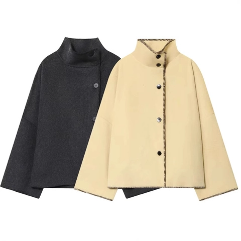 Giacca Corta In Lana Da Donna Collo Alto Cuciture A Contrasto Bottoni Elegante Cappotto Casual Tasche