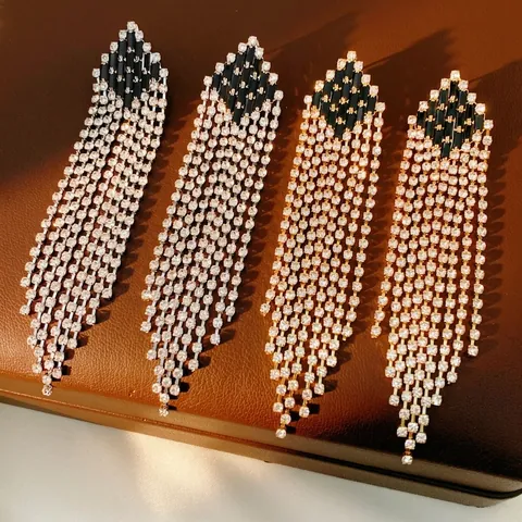 Pendientes Largos De Borla Vintage Con Diamantes De Imitación De Circonita Y Poste De Plata Rombo Aleación Joyería De Lujo Para Mujer
