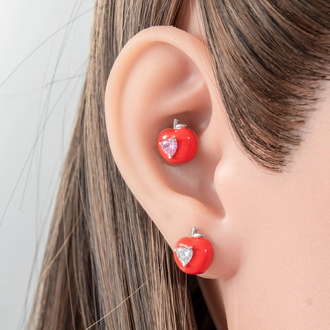 Pendientes Cartílago Manzana Roja Corazón Circón Acero Titanio Joyería Perforación Para Mujeres