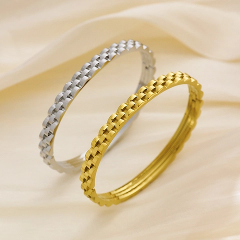 Brazalete de Acero Inoxidable Chapado en Oro de 18K Estilo Correa de Reloj Vintage para Mujer Hombre Textura de Engranaje Joyas