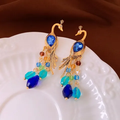 Pendientes Colgantes De Pavo Real Vintage Aleación Cuentas Cristal Colores Strass Con Silver Earring Post Para Mujer