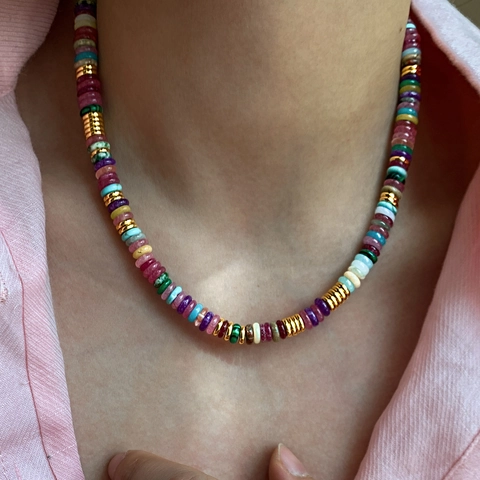 Collier En Perles De Pierre Naturelle Colorée Perles D'espacement En Cuivre Plaqué Or 18K Style Bohême Pour Femme
