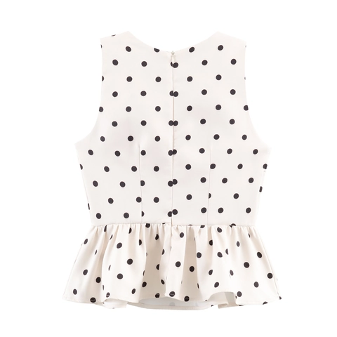 Polka Dot Peplum Top Mouwloos Polyester Ronde Hals Rits Achterzijde Elegant Taille Slank Vest Voor Dames