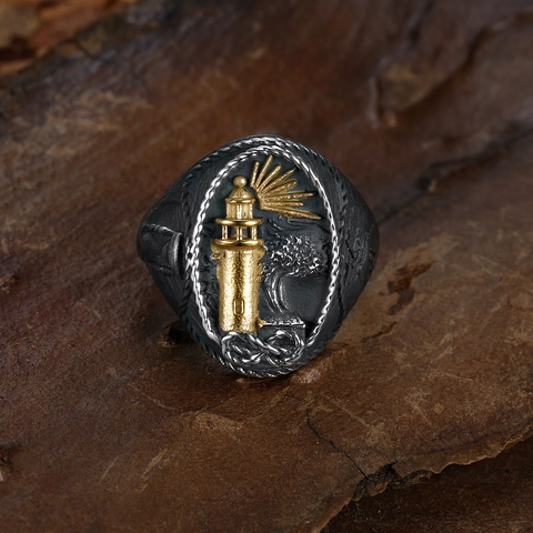 Anillo Faro Acero Inoxidable Vintage Náutico Océano Relieve Punk Gótico Biker Sello Joyería Para Hombres