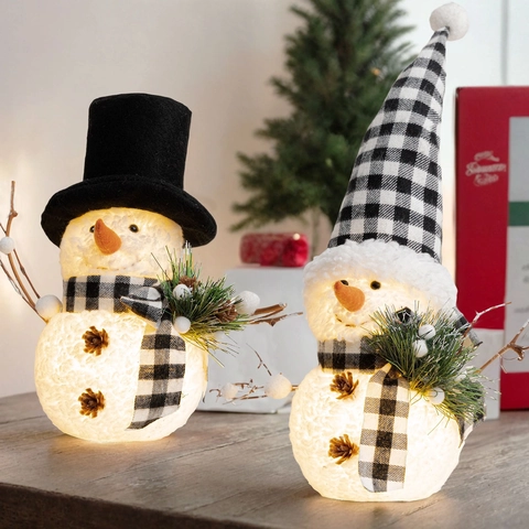 Christmas Snowman Figurine LED Light Up Glowing Holiday Decoration Polyester Plaid Hat Scarf Pine Cones Warm Desktop Ornament