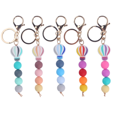 Cartoon Hot Air Balloon Silicone Beaded Keychain Striped Bead Key Ring Bag Pendant Charm For Women Girls Graduation Gift