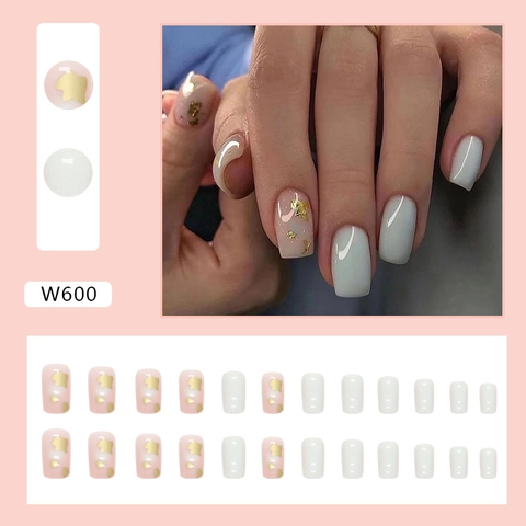 Uñas Postizas Cuadradas Con Copos De Pan De Oro Rosa Blanco Color Sólido Estilo Ins Elegante Para Mujeres Manicura