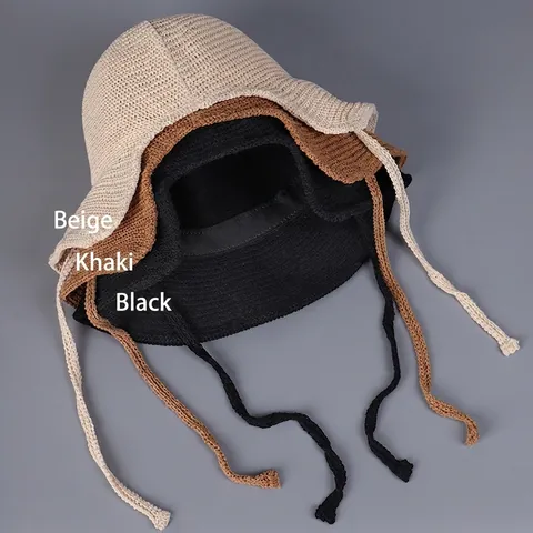 Women Knitted Bucket Hat Cotton Polyester Breathable Sun Protection Wide Brim Split Back Bow Tie Straps Foldable Summer