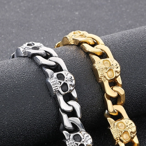 Bracciale A Maglia Cubana Con Teschio In Acciaio Inossidabile 316L Da Uomo Gioielli Punk Gothic Biker