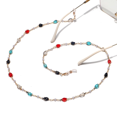 Glasses Chain Colorful Crystal Faux Artificial Pearl Alloy Metal Strap For Sunglasses Face Mask Anti Slip Handmade Trendy