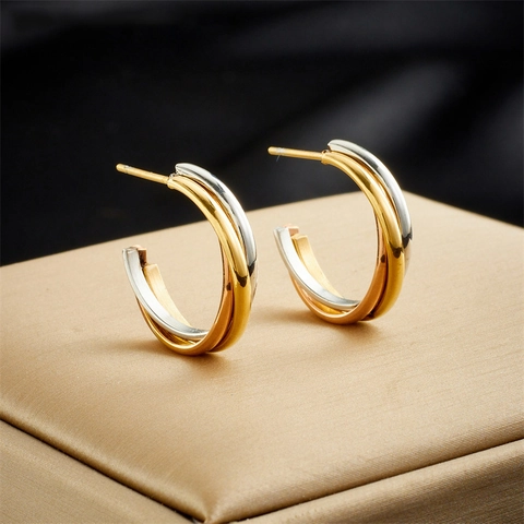Pendientes De Aro Entrelazados Tricolores De Acero Inoxidable Geométricos En Forma De C Joyería De Moda Para Mujeres