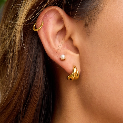 Stainless Steel Gold Hoop Earrings Artificial Pearl Studs Zircon Ear Cuffs Textured Fashion Minimalist Jewelry Women Waterproof