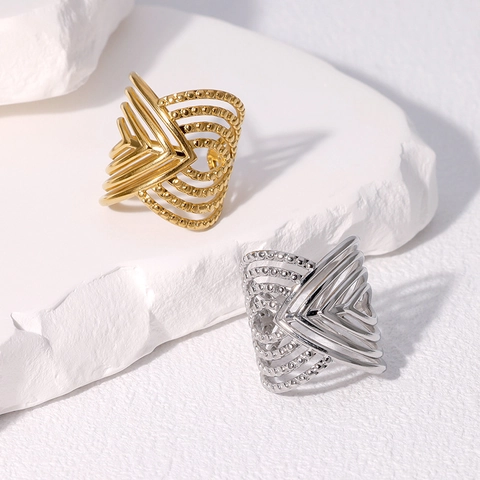 Vintage Asymmetric Multi Layer Open Ring 18K Gold Plated Stainless Steel Hollow V Shape Adjustable Minimalist For Women