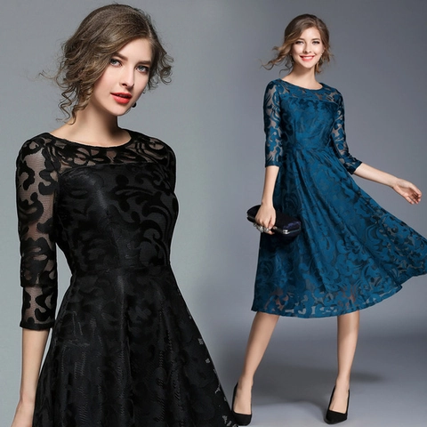 Elegant Lace Midi Dress Round Neck Slim Fit A-Line Swing For Party Evening Wedding Guest Solid Color Women