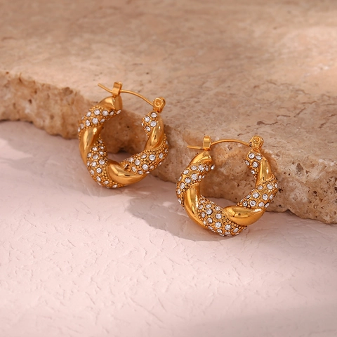Orecchini a Cerchio Torsadé in Acciaio Inossidabile Placcato Oro 18K con Zirconia Gioielli Geometrici di Lusso Minimalisti da Donna
