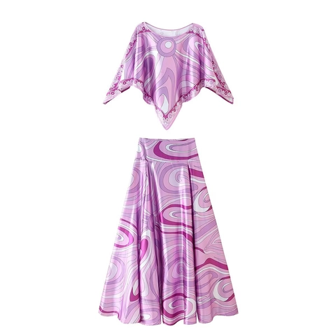 Abstrakt Geometrisch Wirbel Druck Umhang Oberteil Und A-Linien Maxi Rock Ärmellos Satin Seidig Retro Streetwear Damen