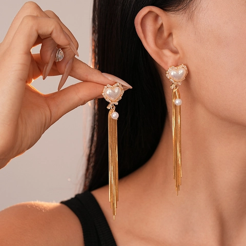 Pendientes Largos De Borla Con Corazón Perla Artificial De Imitación Circón Cobre Elegante Joyería Para Mujer Con Poste De Plata