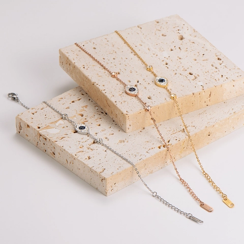 Stainless Steel Evil Eye Bracelet For Women Rhinestone Inlaid Gold Silver Rose Gold Dainty Adjust Chain Fashion Jewelry