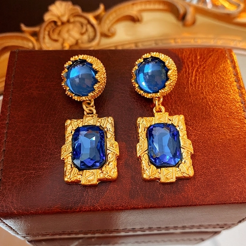 Vintage Geometrische Hängeohrringe Mit 925 Sterling Silber Ohrstecker Kupfer Blaue Harzstein High End Schick Für Damen