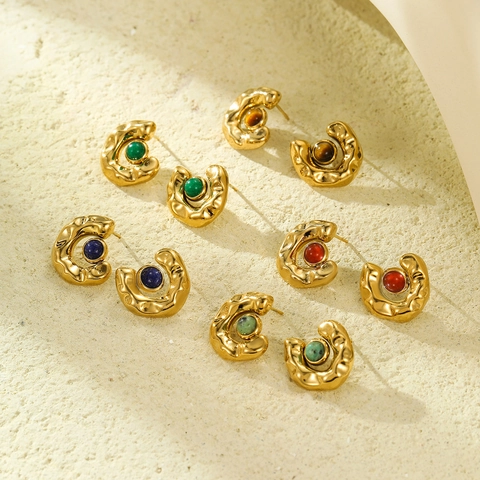 French Vintage C-Shaped Crinkled Stud Earrings For Women 18K Gold Plated Stainless Steel Natural Stone Inlay Earrings