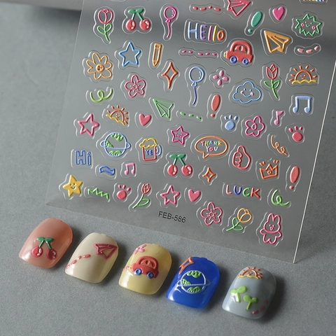 Autocollants De Nail Art En Relief 5D Graffitis Colorés De Dessins Animés Autocollant 3D Étanche Décoration De Manucure