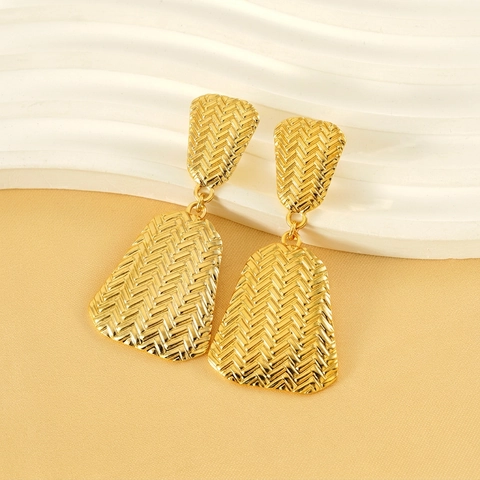 Geometrische Trapezium Druppel Oorbellen 18K Verguld Roestvrij Staal Visgraat Textuur Vintage Stijl Voor Dames