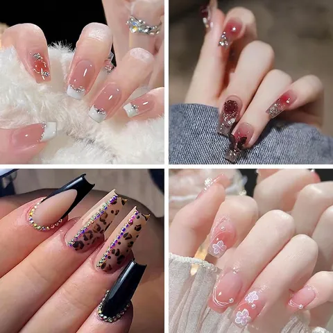 Faux Ongles Press On French Tip Papillon 3D Strass Blush Ongles Artificiels Coffin Carrés Pour Femmes