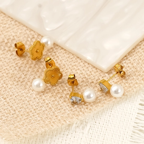 Blume Herz Künstliche Perle Ohrstecker 18K Vergoldet Edelstahl Zirkon Elegant Süß Schmuck Für Damen