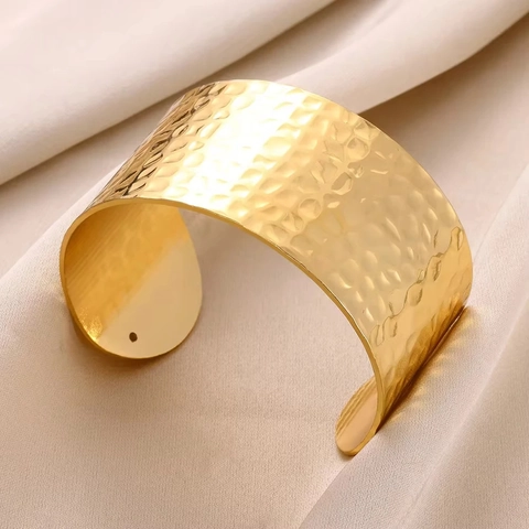 Wide Hammered Cuff Bracelet Stainless Steel Gold Silver Adjustable Open Bangle For Women Fashion Jewelry Elegant Gift