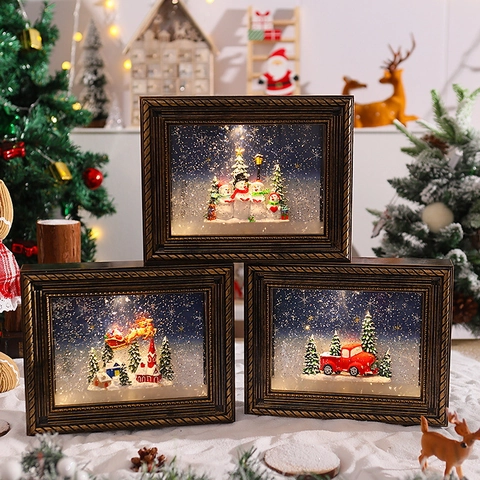 Caja De Música Marco De Fotos Navidad Bronce Vintage Con Nieve Brillante LED Decoración De Escritorio Regalo