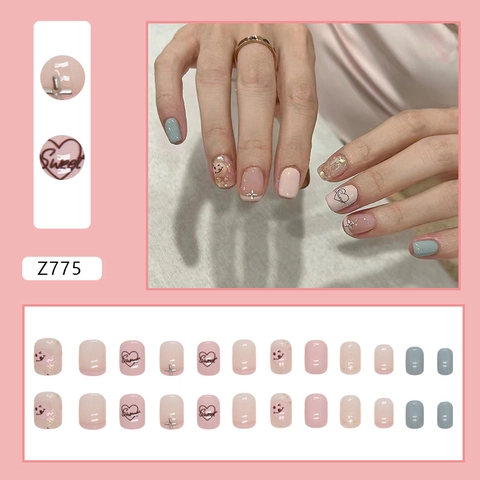 Press On Nails Short French Style Pink Heart Smiley Face Rhinestone Artificial Fake Nail Pieces Sweet Cute For Women
