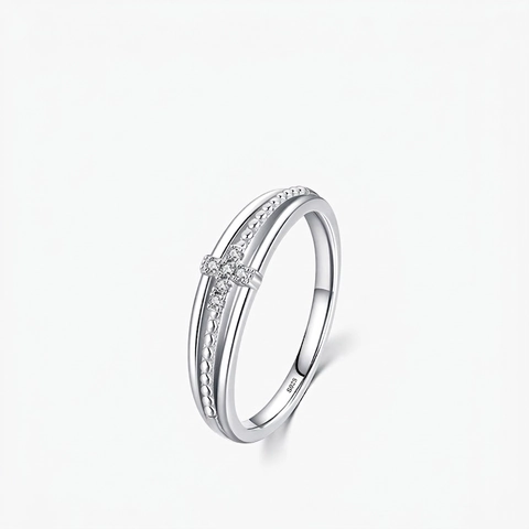 925 Sterling Silver Cross Ring For Women Sparkling Zircon Double Layer Beaded Band Geometric Trendy Jewelry Gift