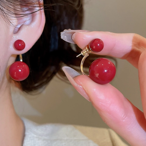 Orecchini A Lobo Doppia Perla Rossa Forma C Lega Placcata Oro 14K Con Perno In Argento Elegante Retrò