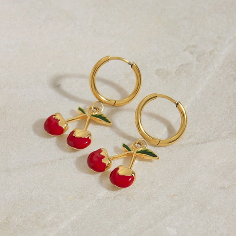 Kirsche Hänger Ohrringe 18K Vergoldet Edelstahl Rot Emaille Frucht Schmuck Vintage Wasserdicht Für Damen