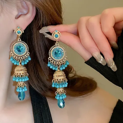 Vintage Boho Jhumka Quasten Ohrringe Legierung Kristall Strass Künstliche Perle Lange Gestufte Tropfen Ethnisch Schmuck Damen