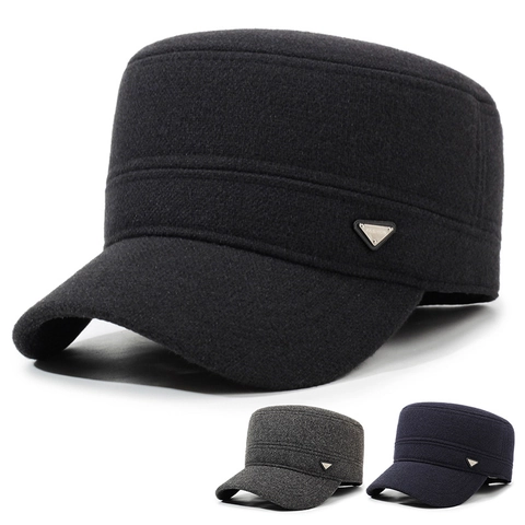 Herren Winter Cadet Cap Wollene Flache Militär Mütze Mit Ohrenklappen Warm Winddicht Outdoor Verstellbare Metallschnalle Mode