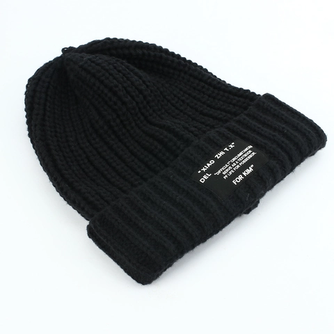 Beanie Hat Knit Acrylic Warm Winter Japanese Retro Style Letter Patch Soft Chunky Ribbed Cold Weather Accessory