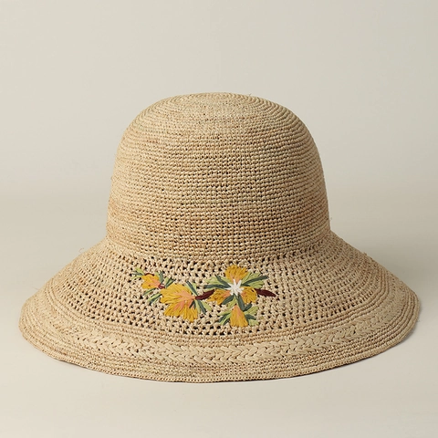 Dames Raffia Strohoed Met Bloemenborduurwerk Brede Rand Opvouwbaar Zonbescherming Zomer Strand Reizen Casual Rond Top