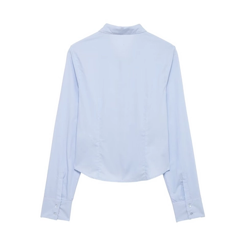 Smocked Long Sleeve Poplin Blouse Polyester Shirred Button Up Shirt Slim Fit Pointed Collar Solid Color Women Top