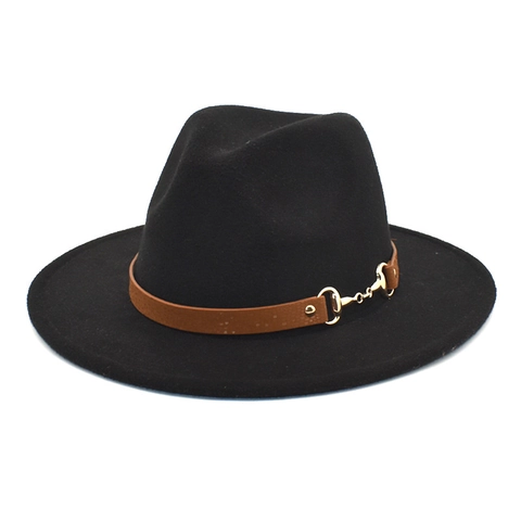 Elegant Woolen Fedora Hat Wide Flat Brim With Leather Band Metal Horsebit Decoration British Retro Style Autumn Winter