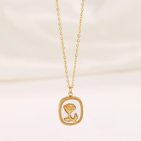 Collar de Pendiente de Flor de Rosa de Acero Inoxidable Chapado en Oro de 18K para Mujer Cadena de Clavícula de Perla Artificial Elegante Joyería