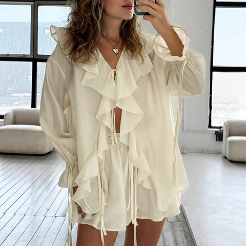 Ruffle Trim Long Puff Sleeve Tie Front Top And High Waist Shorts Two Piece Outfit Casual Fashion Women Polyester